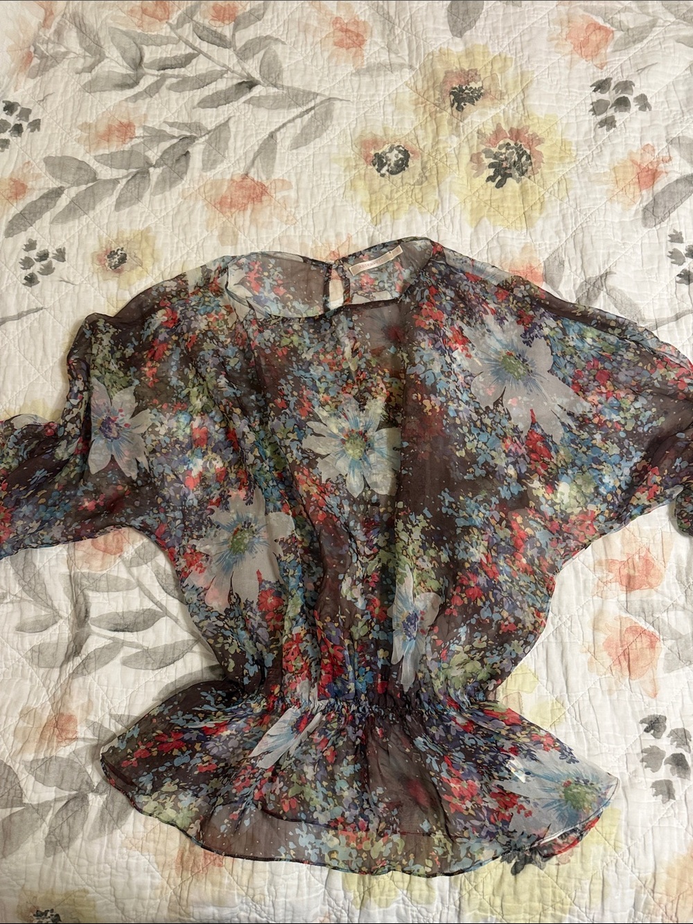 Reserved Floral Sheer Blouson Top in Black with Blue and Red Accents